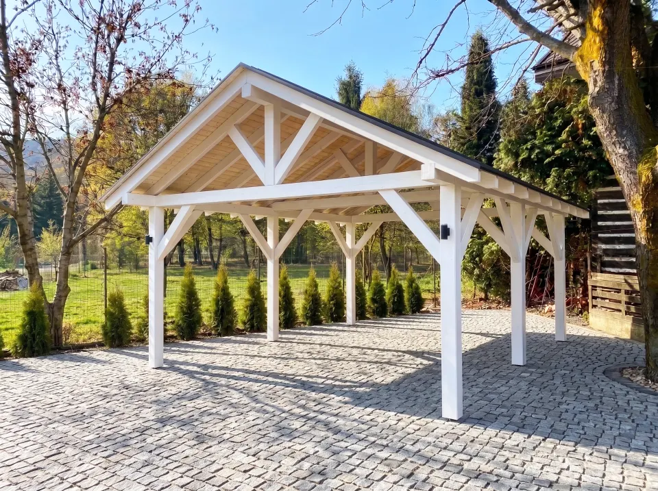 Projekt wiaty samochodowej drewnianej 5m x 5m (wjazd od strony szczytowej)