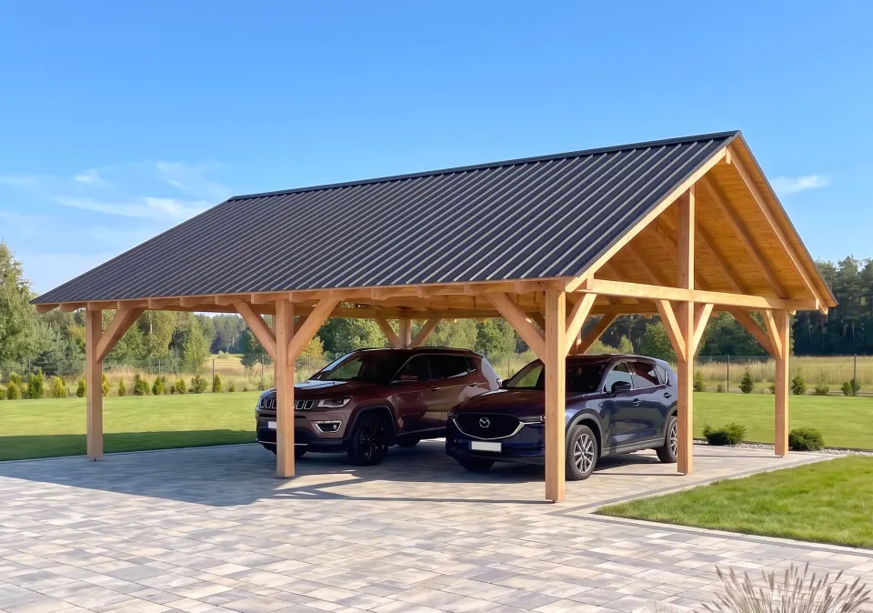 Projekt wiaty samochodowej drewnianej 8×8 m