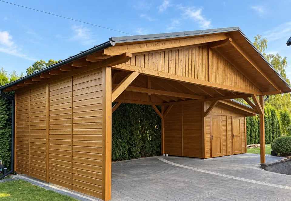 Wiata drewniana 7,5×6 dwustanowiskowa z pomieszczeniem gospodarczym 3×4 m